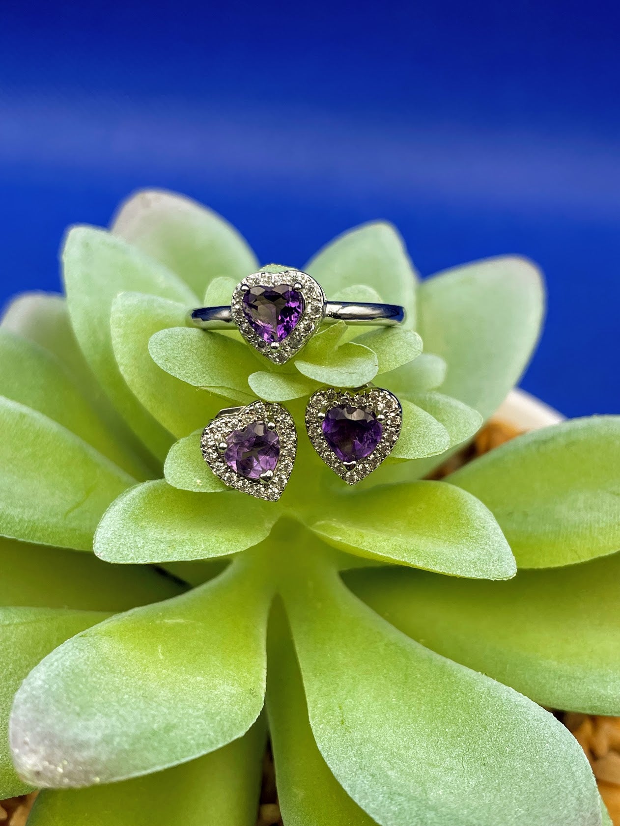 Amethyst Heart Earrings & Rings