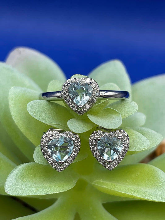 Aquamarine Heart Earrings & Ring